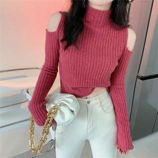 Mock-neck Cold-shoulder Ribbed Sweater