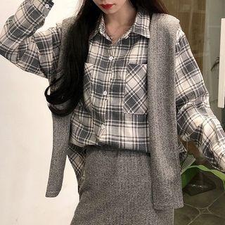 Inset Scarf Gingham Shirt / Ribbed Skirt