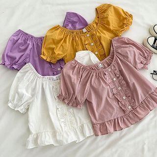 Plain Crewneck Ruffled-trim Puff-sleeve Top