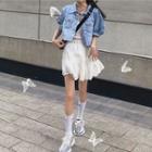 Elbow-sleeve Denim Jacket / Lace Trim Camisole Top / Tiered A-line Mini Skirt