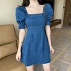 Puff-sleeve Square-neck Denim A-line Mini Dress