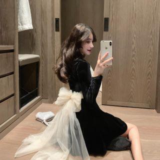 Long-sleeve Mesh Panel Bow Back Mini A-line Dress
