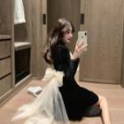 Long-sleeve Mesh Panel Bow Back Mini A-line Dress