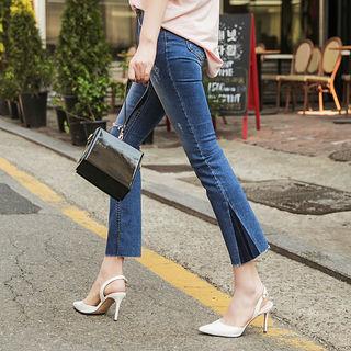 Godet-hem Distressed Straight-cut Jeans