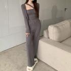 Asymmetrical Ribbed Knit Camisole Top / Wide Leg Pants / Cardigan