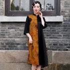 Mandarin Collar Print Panel Midi A-line Dress