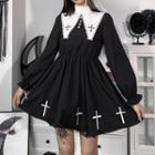 Puff-sleeve Cross Embroidered Mini A-line Dress