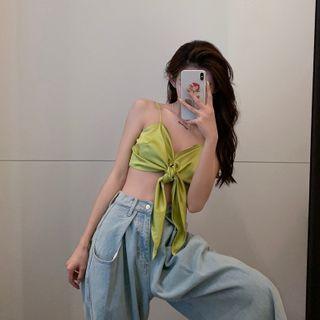 Plain Bow Chiffon Cropped Tank Top Green - One Size