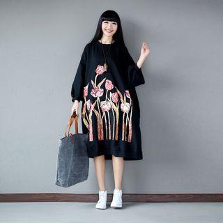 Printed Midi Pullover Dress Black - One Size