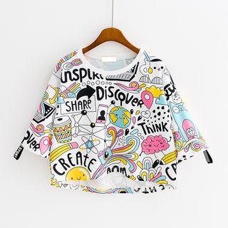 Cat Print Elbow-sleeve Cropped T-shirt