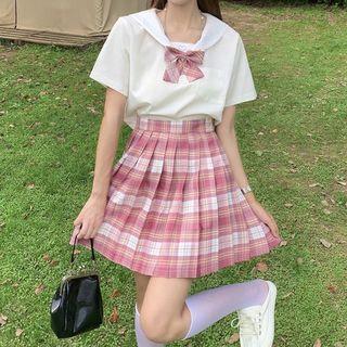 Short-sleeve Bow Blouse / Plaid Mini Skirt