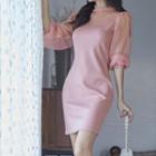 Balloon-sleeve Mesh Panel Sheath Dress