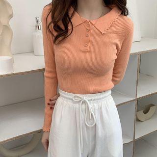 Lettuce Edge Ribbed Polo Knit Top