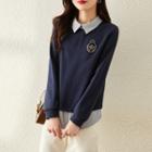 Mock Two-piece Deer Embroidered Sweatshirt