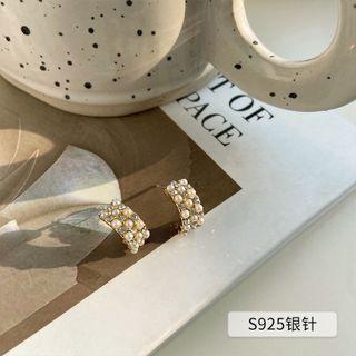 Rhinestone Faux Pearl Open Hoop Earring Stud Earring - 1 Pair - Gold - One Size