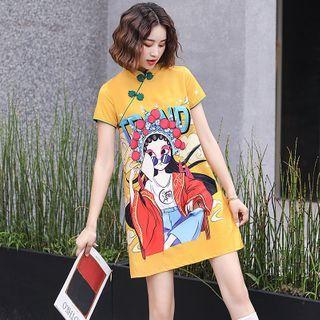 Short-sleeve Mandarin Collar Print Mini Dress