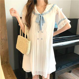 Short Sleeve Pleated Mini Dress Off-white - One Size