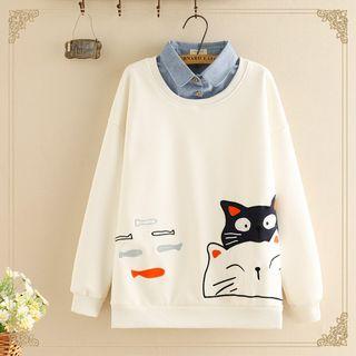 Cat Embroidered Mock Two Piece Top