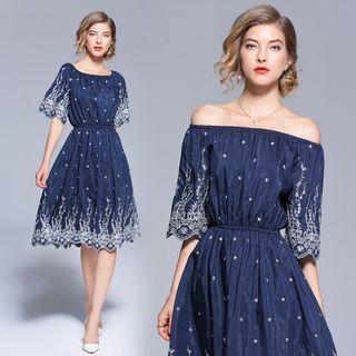 Embroidered Off Shoulder Elbow Sleeve A-line Dress