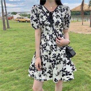 V-neck Floral Drawstring Bow A-line Mini Dress