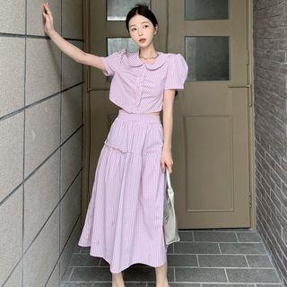Set: Plaid Cropped Blouse + Midi A-line Skirt
