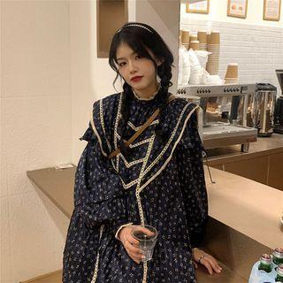 Long-sleeve Floral Print Lace Trim Mini A-line Dress