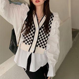 Mock Two-piece Checkerboard Panel Blouse Checkerboard Panel - Black & White - One Size