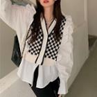Mock Two-piece Checkerboard Panel Blouse Checkerboard Panel - Black & White - One Size