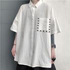 Elbow-sleeve Cross Embroidered Shirt Cross Embroidery - White - One Size