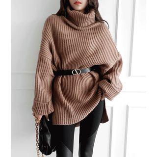 Turtle-neck Slit-side Ribbed Sweater Dress