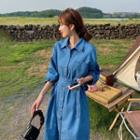 Long-sleeve Drawstring Waist Denim Shirtdress