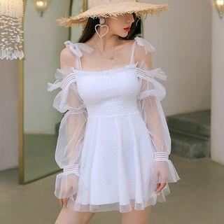 Set: Cold-shoulder Bell-sleeve Mesh Swim Dress + Swim Shorts