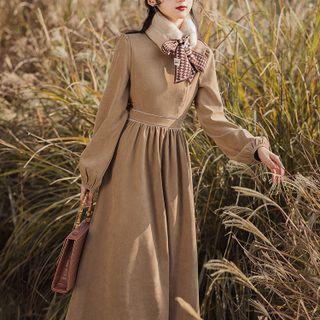 Set: Long-sleeve Midi A-line Dress + Tie-neck Fluffy Scarf
