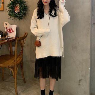 V-neck Plain Knit Sweater / Midi Pleated Skirt