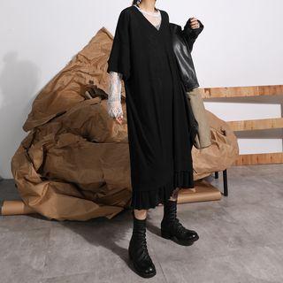 Elbow-sleeve V-neck Midi Knit Dress Black - One Size