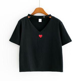Embroidered Cutout Cropped Short-sleeve T-shirt