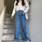 Cropped-v-neck Ribbed Sweater / Straight-cut Jeans