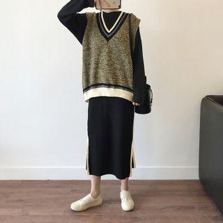 Plain Long-sleeve T-shirt / Contrast Trim Knit Vest / Midi Straight-fit Skirt
