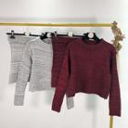 Set: Plain Long-sleeve Sweater + Plain Knit Midi Skirt