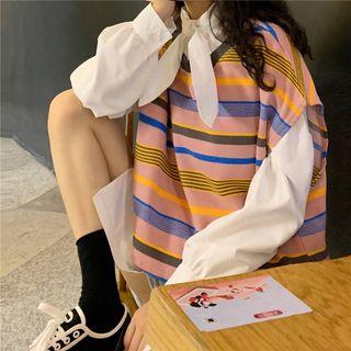 Long-sleeve Bow Accent Shirt / Striped Vest