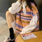 Long-sleeve Bow Accent Shirt / Striped Vest