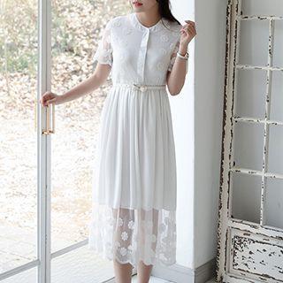 Short-sleeve Lace Pleated Midi Dress