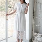 Short-sleeve Lace Pleated Midi Dress