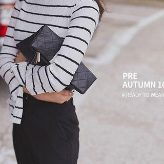 Slit-cuff Stripe Rib-knit Top