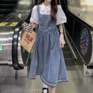 Mock Two-piece Short-sleeve Denim Midi Dress