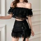 Off-shoulder Ruffled Lace Blouse / A-line Skirt