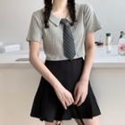 Short-sleeve Ribbed Cropped Polo Shirt / Pleated A-line Skirt / Neck Tie / Set