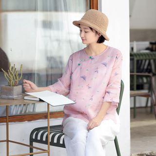 3/4-sleeve Floral Print Blouse Pink - One Size