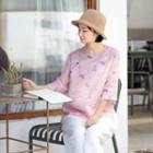 3/4-sleeve Floral Print Blouse Pink - One Size