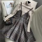 Set: Plain Turtleneck Long Sleeve Knit Top + Plaid Spaghetti Strap A-line Dress